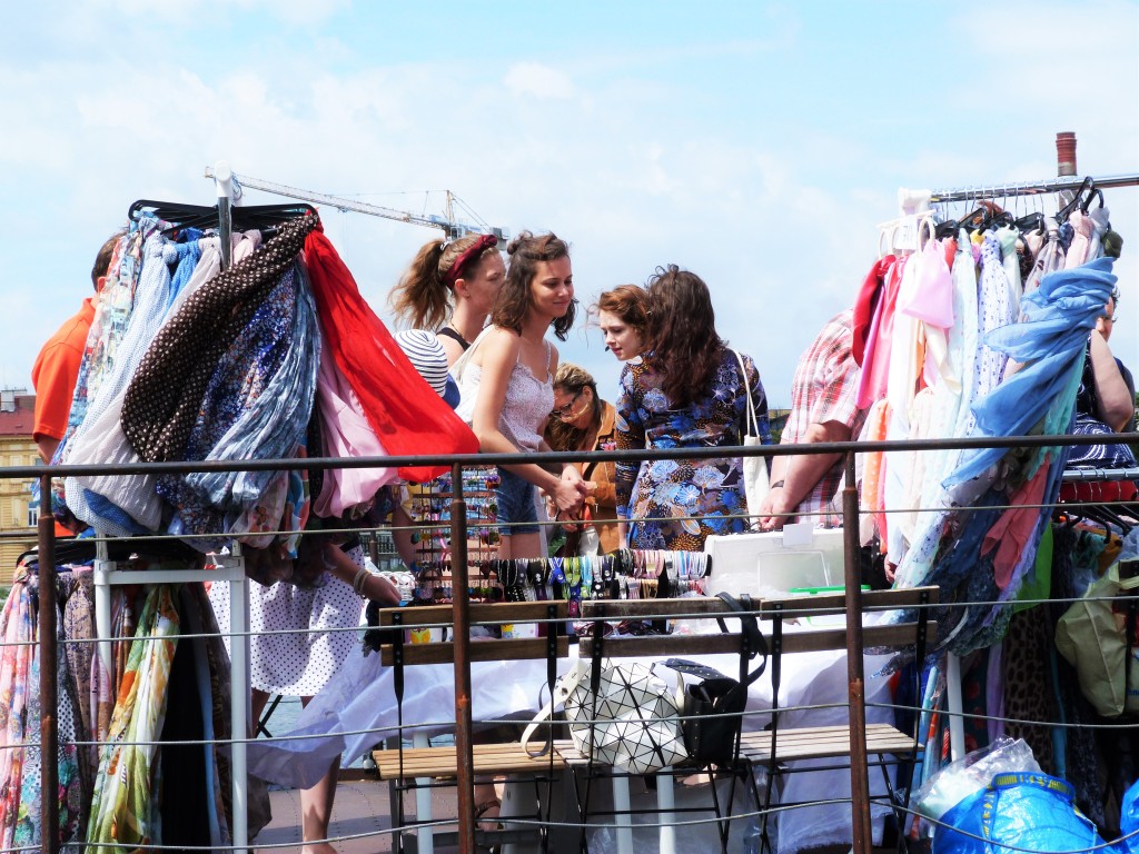 The floating flea market on the boat at the Náplavka market.