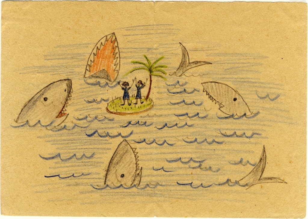 "Our Island", a drawing from Ravensbruck credited to Květa Hniličková.